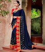 Navy Blue Embroidered Silk Blend Saree With Blouse