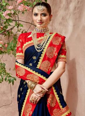 Navy Blue Embroidered Silk Blend Saree With Blouse 2