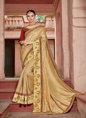 Beige Embroidered Silk Blend Saree With Blouse 1