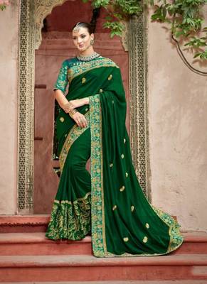 Dark Green Embroidered Silk Blend Saree With Blouse 1