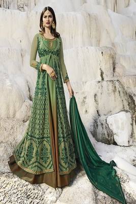 Green Embroidered Satin Salwar With Dupatta 1