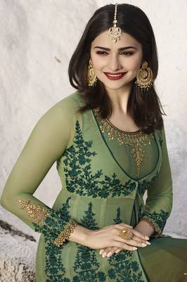 Green Embroidered Satin Salwar With Dupatta 3