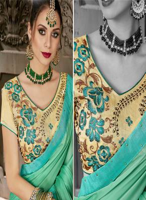 Sea green plain georgette saree with blouse 2