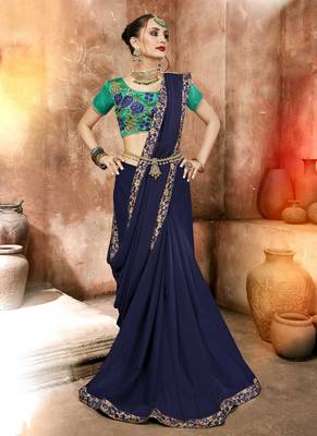 Navy blue plain georgette saree with blouse 1