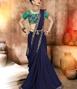Navy blue plain georgette saree with blouse