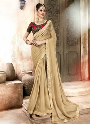Beige plain georgette saree with blouse 1
