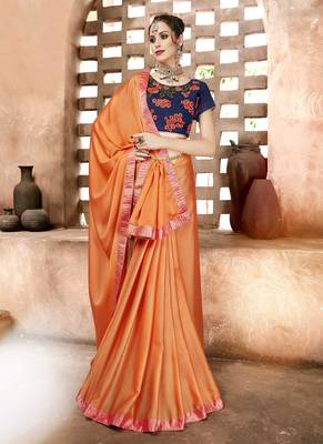 Orange plain georgette saree with blouse 1
