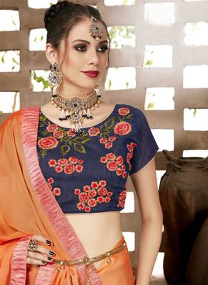Orange plain georgette saree with blouse 2