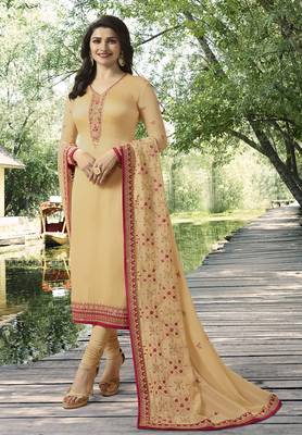 Cream Embroidered Satin Semi-Stitched Salwar With Dupatta 1