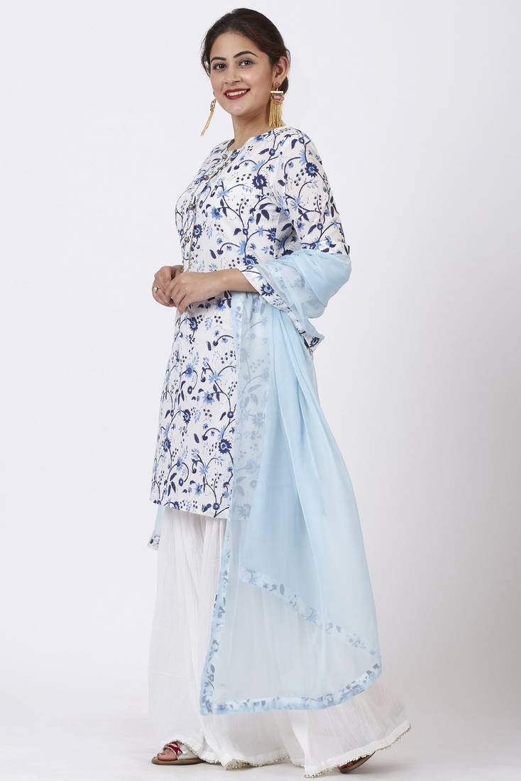 Blue Floral Printed Kurta, Sharara And Dupatta Set main image 1
