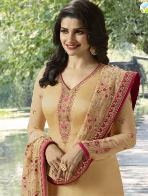 Cream Embroidered Satin Semi-Stitched Salwar With Dupatta 2