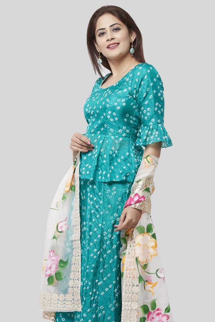 Blush Pink Georgette Crochet Straight Kurti with Straight Palazzo and Kota Gotta Dupatta