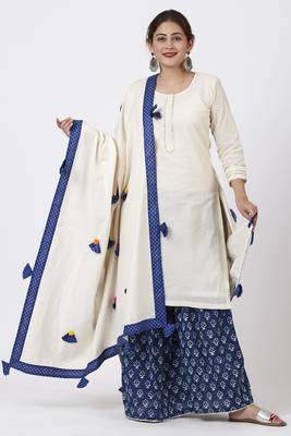 Festive OffWhite Kurti with Indigo Festive Sharara and Pom Pom Cotton Dupatta 1