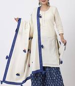 Festive OffWhite Kurti with Indigo Festive Sharara and Pom Pom Cotton Dupatta