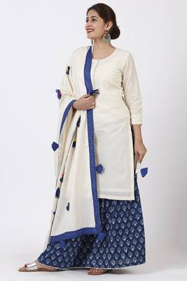 Festive OffWhite Kurti with Indigo Festive Sharara and Pom Pom Cotton Dupatta 2