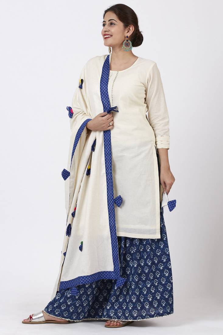 Festive OffWhite Kurti with Indigo Festive Sharara and Pom Pom Cotton Dupatta