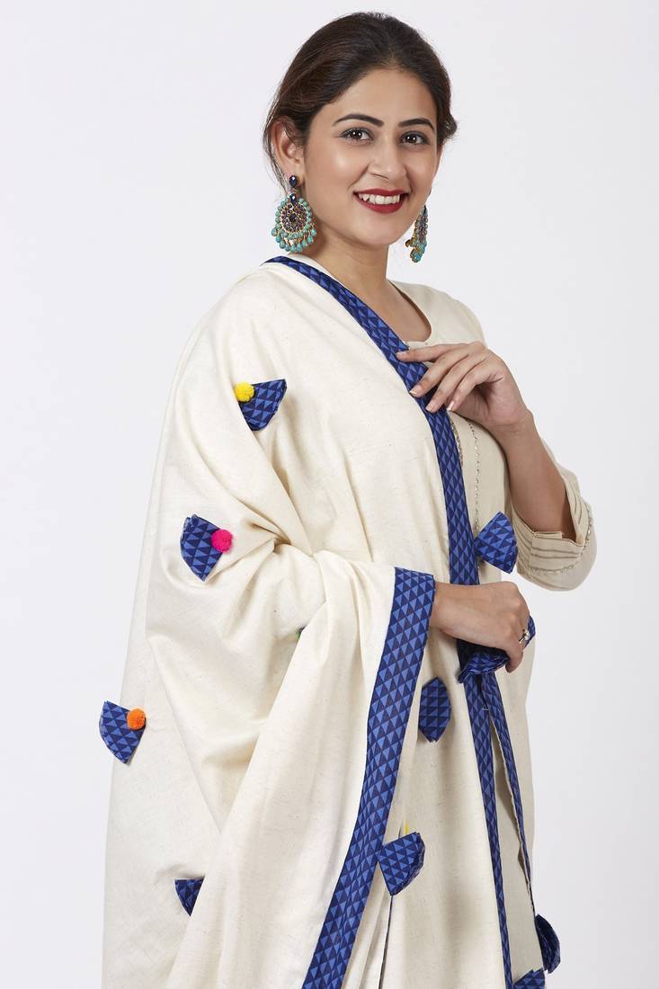 Festive OffWhite Kurti with Indigo Festive Sharara and Pom Pom Cotton Dupatta