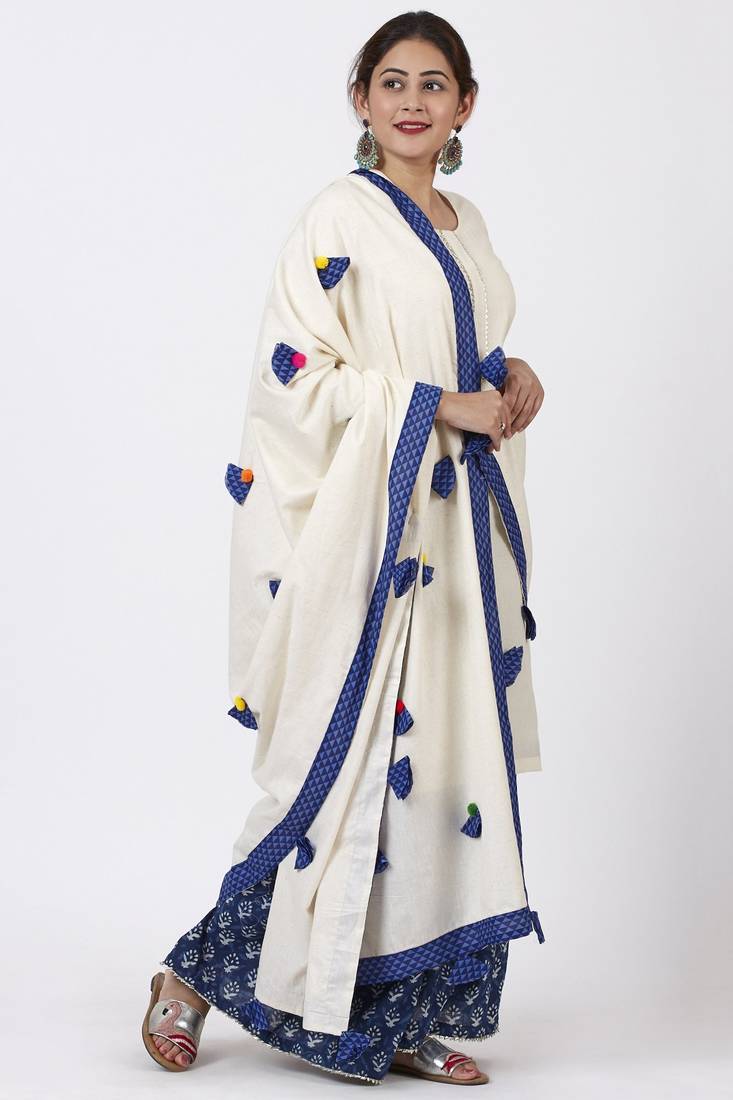 Festive OffWhite Kurti with Indigo Festive Sharara and Pom Pom Cotton Dupatta