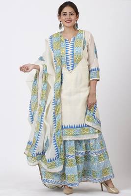 Festive Green Blue Block Printed Kurti with Gathered Sharara and Block Printed Dupatta 1