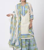 Festive Green Blue Block Printed Kurti with Gathered Sharara and Block Printed Dupatta