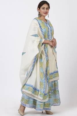 Festive Green Blue Block Printed Kurti with Gathered Sharara and Block Printed Dupatta 2