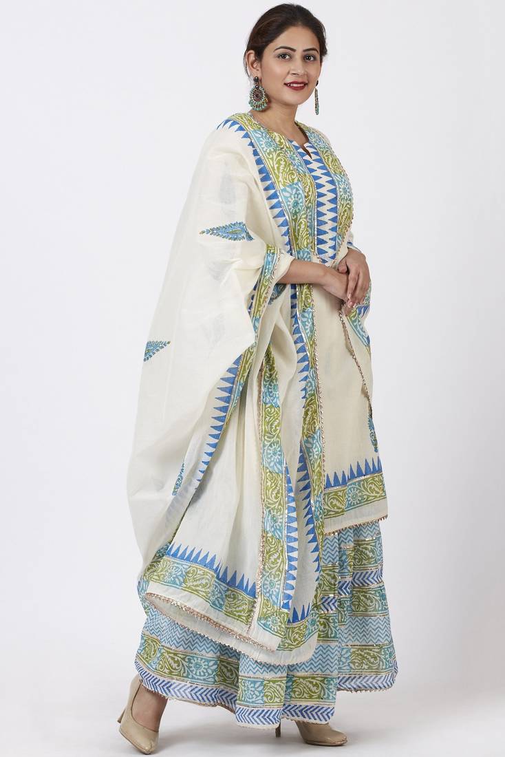 Festive Green Blue Block Printed Kurti with Gathered Sharara and Block Printed Dupatta