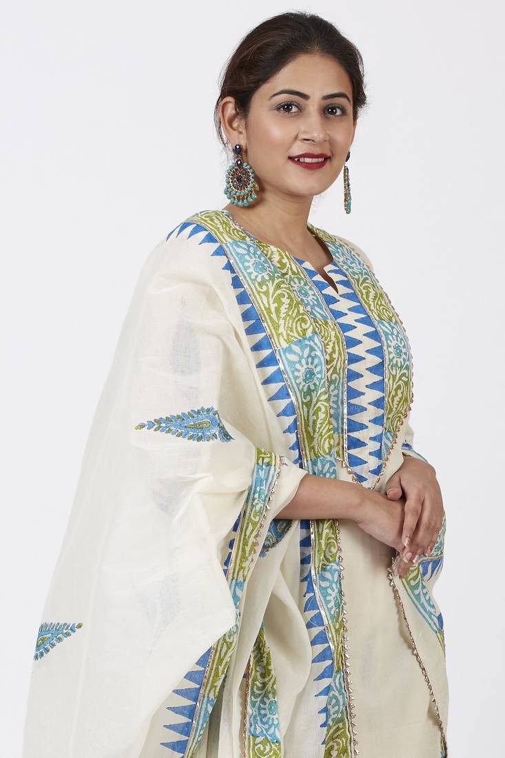 Festive Green Blue Block Printed Kurti with Gathered Sharara and Block Printed Dupatta