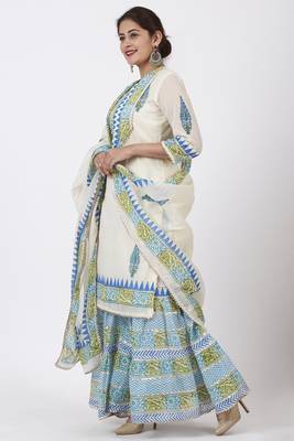 Festive Green Blue Block Printed Kurti with Gathered Sharara and Block Printed Dupatta 4
