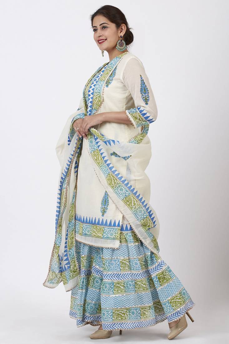 Festive Green Blue Block Printed Kurti with Gathered Sharara and Block Printed Dupatta