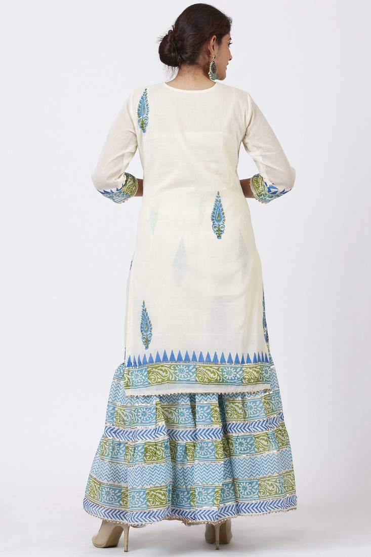 Festive Green Blue Block Printed Kurti with Gathered Sharara and Block Printed Dupatta