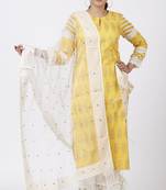 Butter Mustard Leheriya Crochet Kurti with Crochet Pants and Sequenced Organza Dupatta