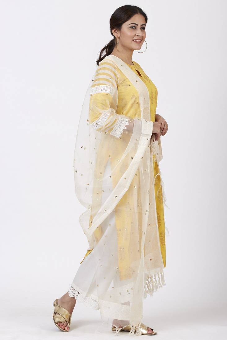 Butter Mustard Leheriya Crochet Kurti with Crochet Pants and Sequenced Organza Dupatta