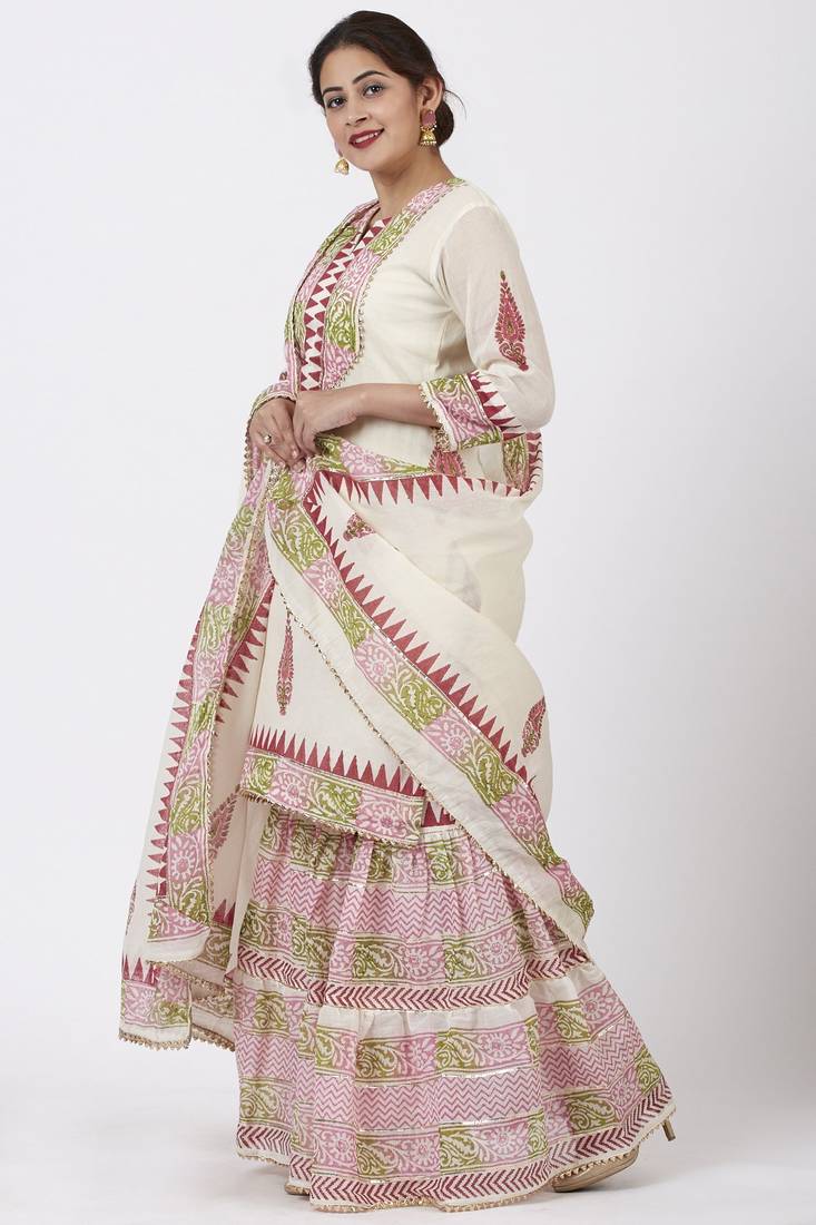 Festive Pink Green Block Printed Kurti with Gathered Sharara and Block Printed Dupatta