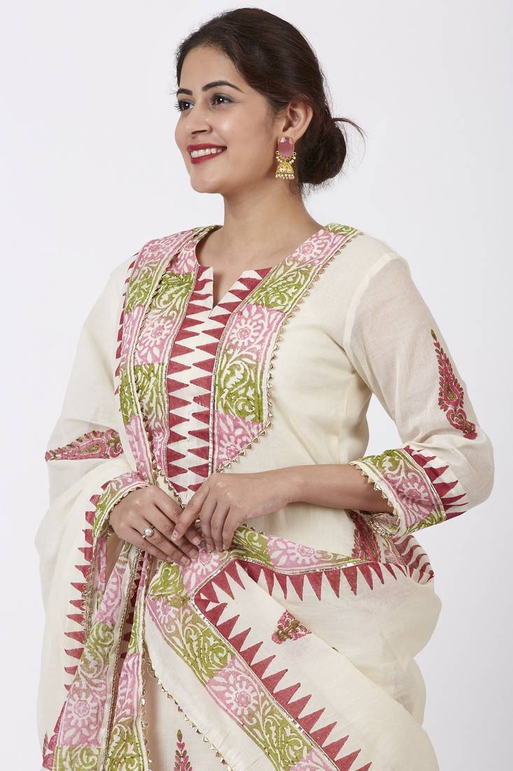 Festive Pink Green Block Printed Kurti with Gathered Sharara and Block Printed Dupatta
