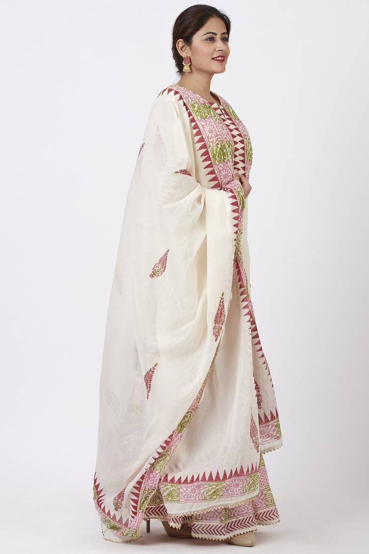 Festive Pink Green Block Printed Kurti with Gathered Sharara and Block Printed Dupatta