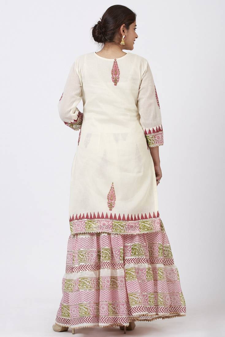 Festive Pink Green Block Printed Kurti with Gathered Sharara and Block Printed Dupatta