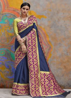 Navy blue woven silk blend saree with blouse 1