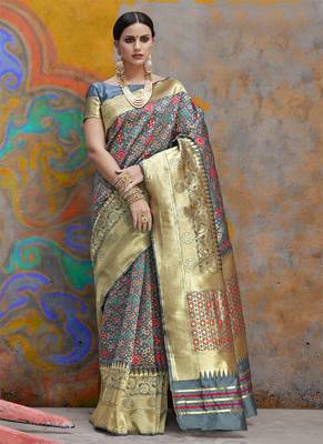 Grey woven silk blend saree with blouse 1