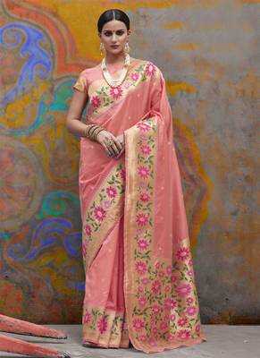 Peach woven silk blend saree with blouse 1