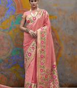 Peach woven silk blend saree with blouse