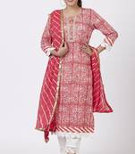 Raspberry Pink Floral Printed Kurti with Crochet Pants and Leheriya Dupatta