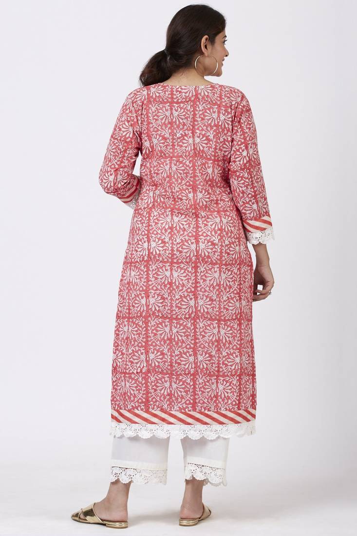 Raspberry Pink Floral Printed Kurti with Crochet Pants and Leheriya Dupatta