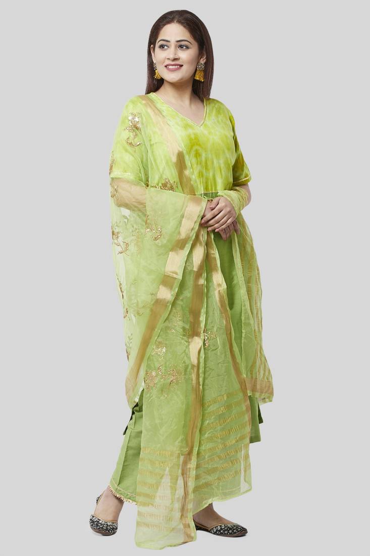 Glorious Green Straight Kurti with Straight Palazzo and Green Embroidered Dupatta