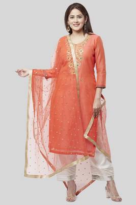 Coral Embroidered Chanderi Kurti with off white Gotta Palazzo and Sequenced Dupatta 1