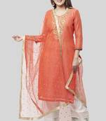 Coral Embroidered Chanderi Kurti with off white Gotta Palazzo and Sequenced Dupatta