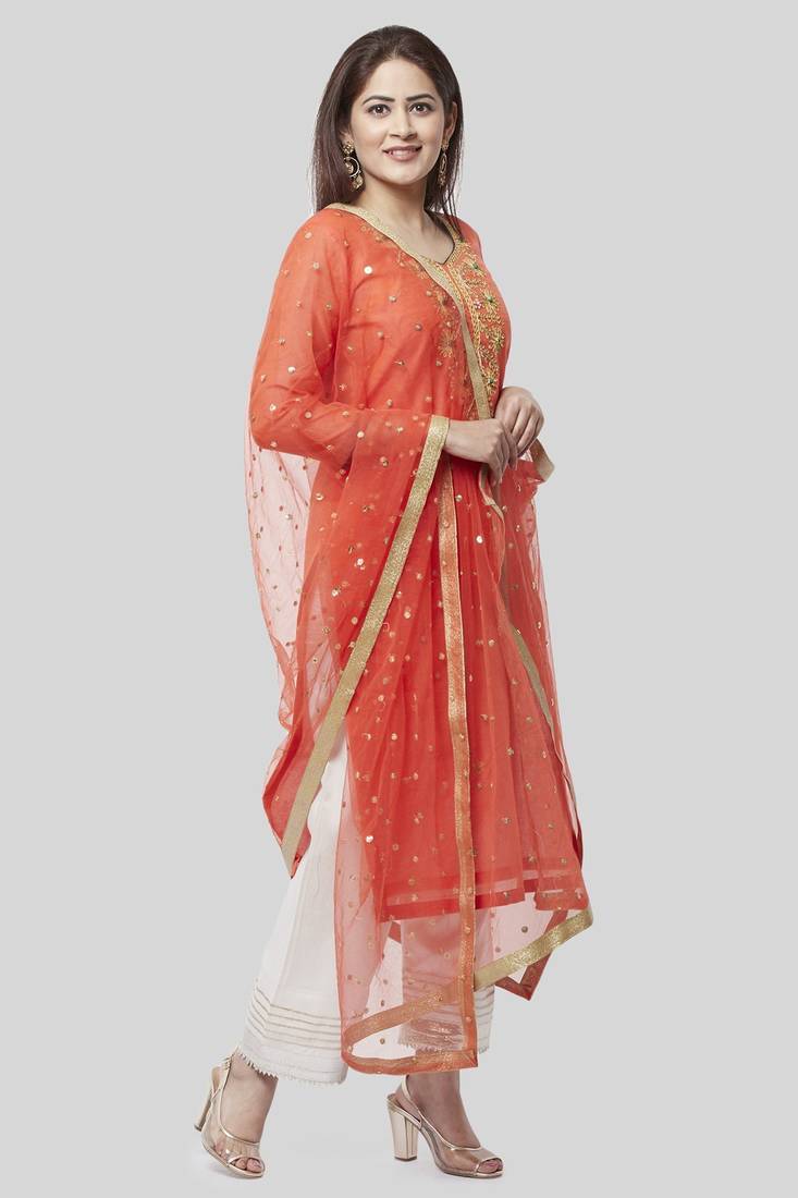 Coral Embroidered Chanderi Kurti with off white Gotta Palazzo and Sequenced Dupatta