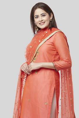 Coral Embroidered Chanderi Kurti with off white Gotta Palazzo and Sequenced Dupatta 3