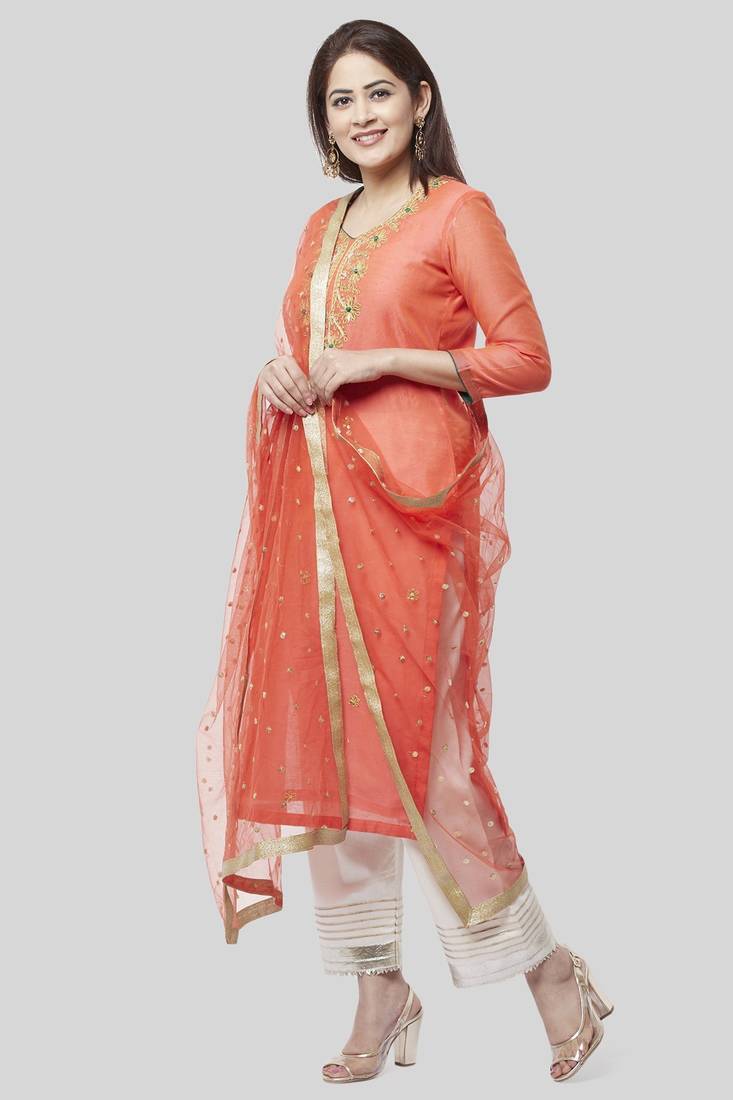 Coral Embroidered Chanderi Kurti with off white Gotta Palazzo and Sequenced Dupatta