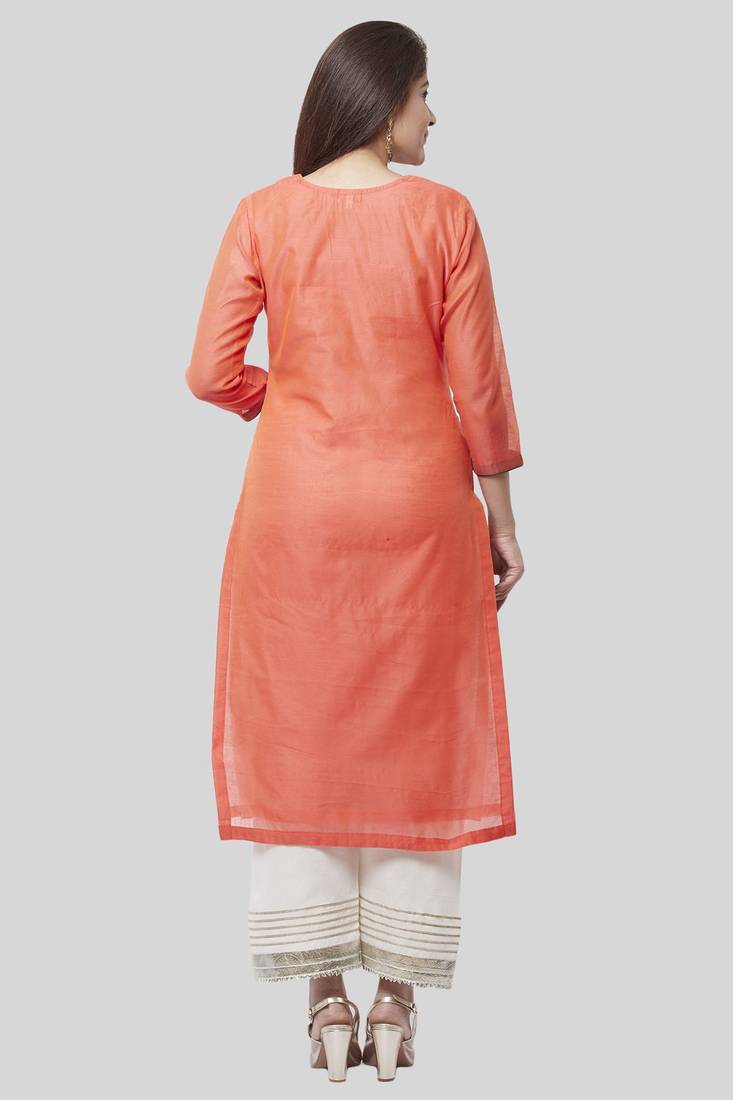 Coral Embroidered Chanderi Kurti with off white Gotta Palazzo and Sequenced Dupatta