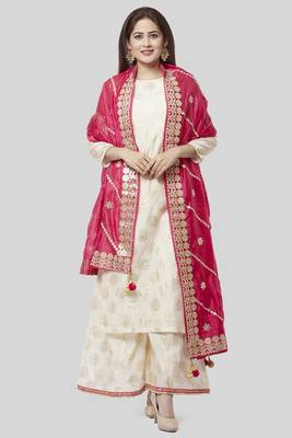 off white Gold Foil Printed Kurti with Foil Printed Kalidaar Palazzo and Pink Embroidered Dupatta 1